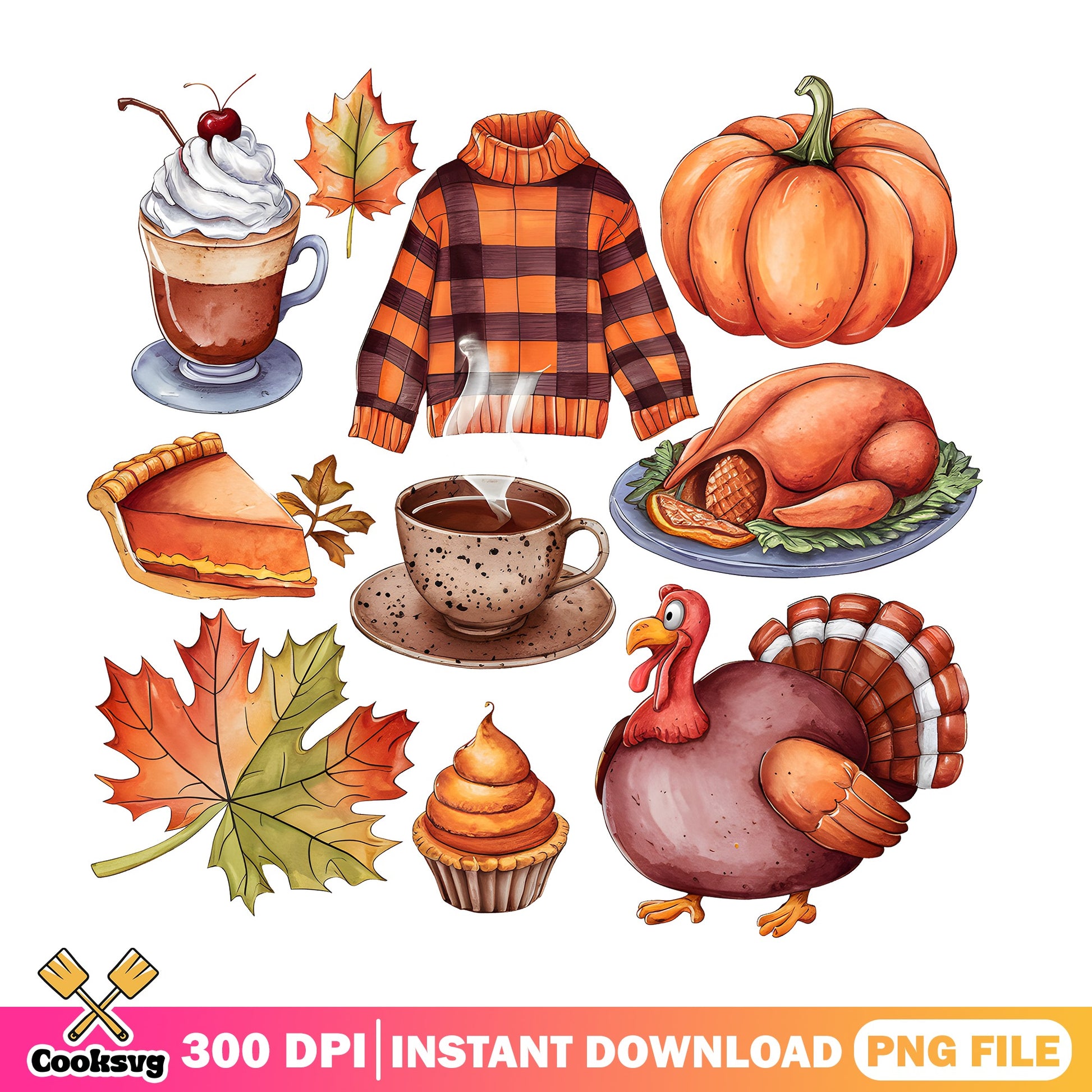 Thanksgiving Clipart PNG Bundle, Fall Autumn PNG, Turkey PNG