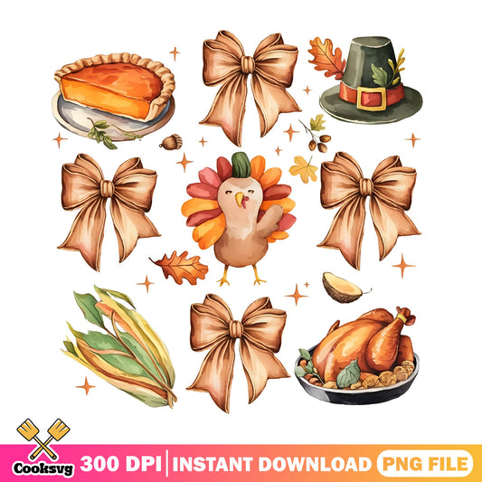 Thanksgiving Clipart PNG Bundle, Turkey Bow Fall Autumn, Thanksgiving PNG