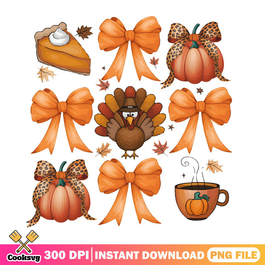 Thanksgiving Coquette Bow PNG Bundle, Turkey Pumpkin PNG, Fall PNG