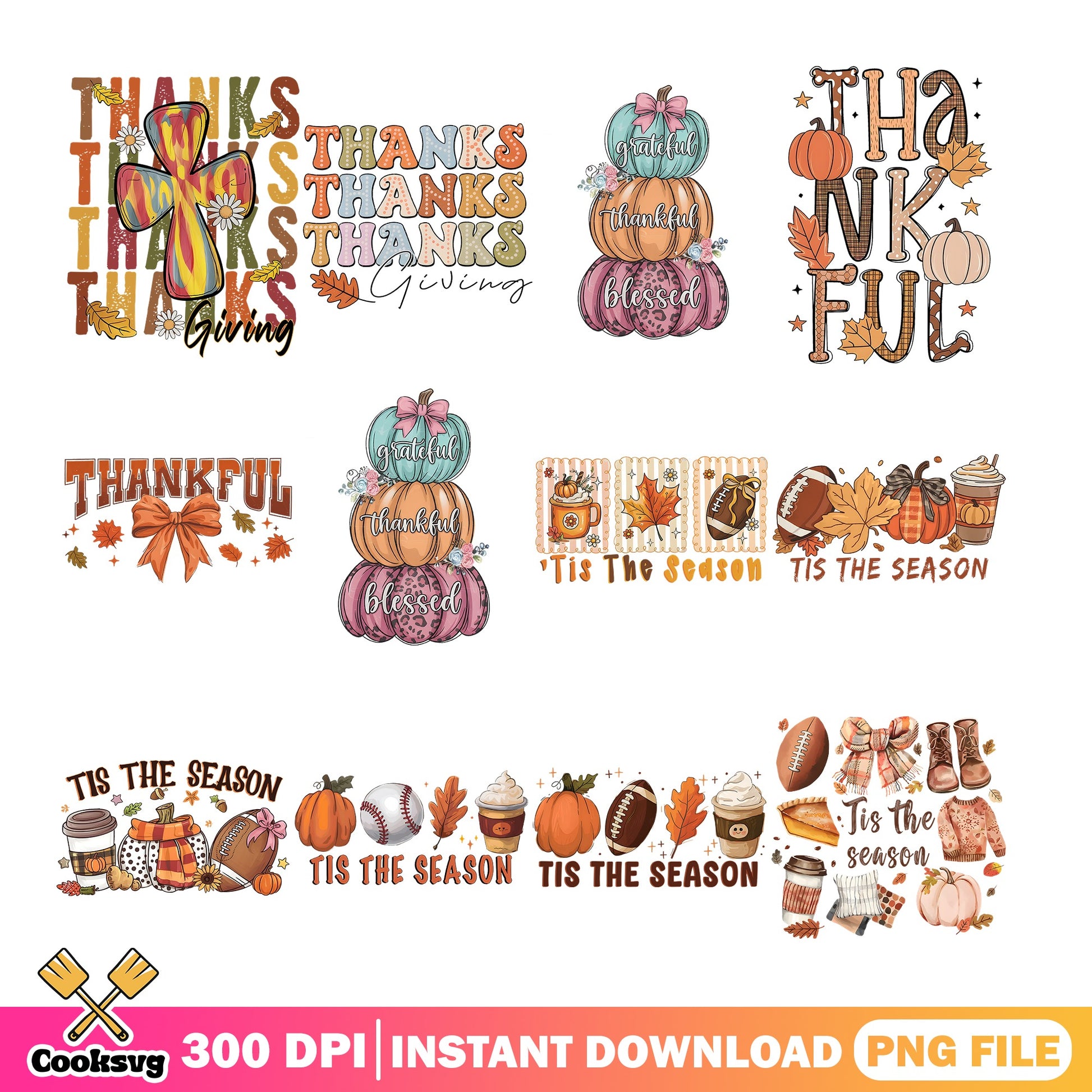 Thanksgiving PNG Bundle, Thankful Grateful Blessed PNG, Fall PNG