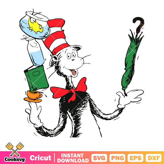 The Cat svg, green umbrella svg, red and white stripped top hat svg