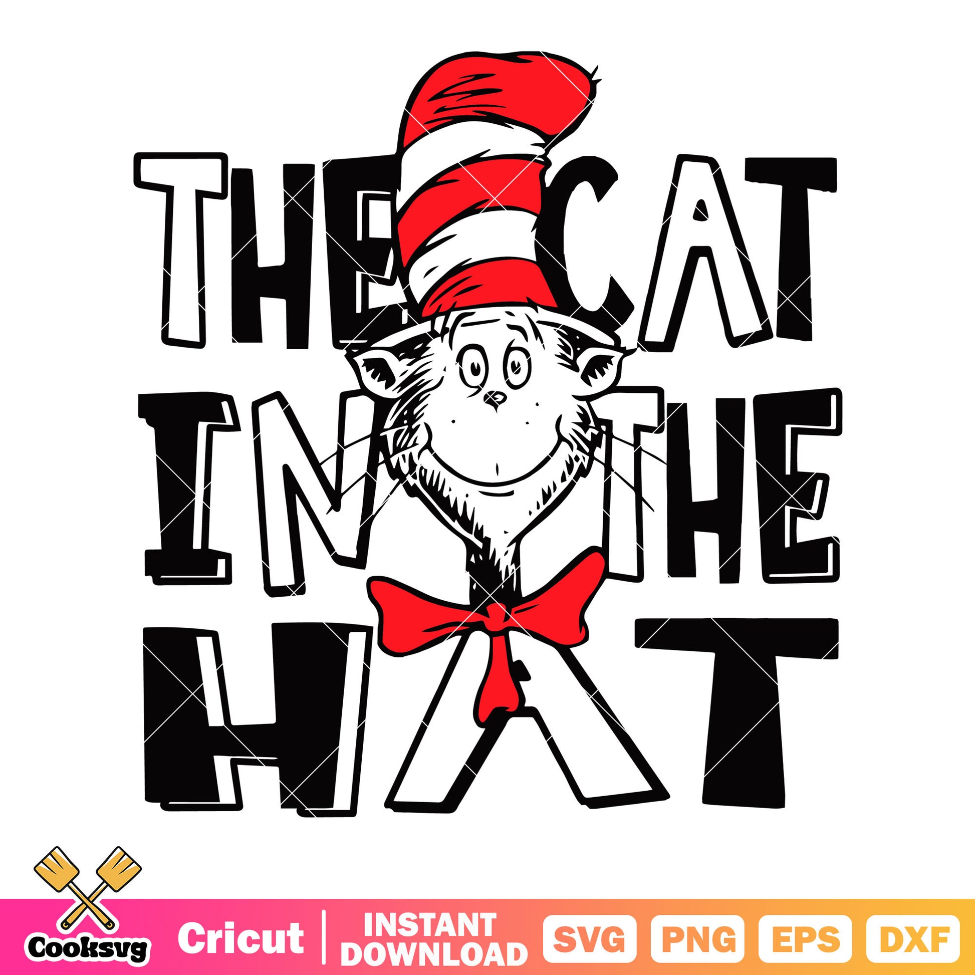 The cat in the hat svg, red and white striped hat svg, red bow tie svg