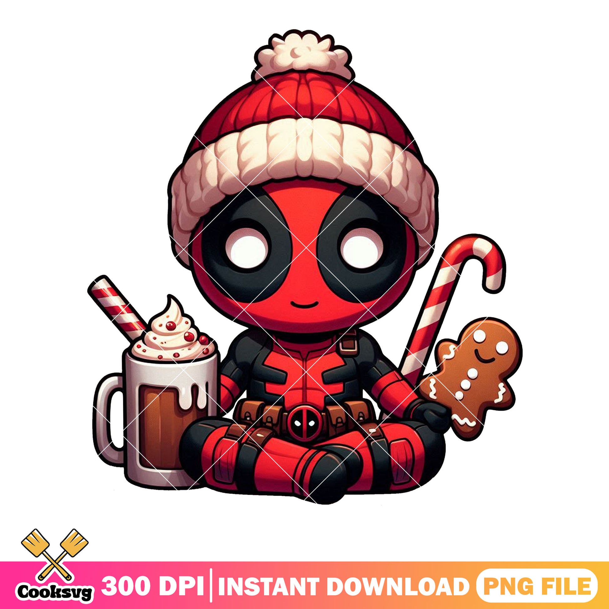 The chibi hero christmas png, deadpool png, christmas coffee png