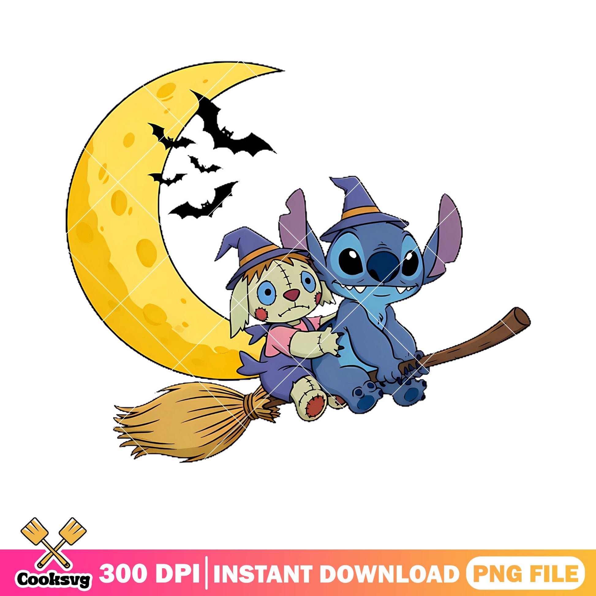 The witches riding a broom png, cresent moon png, happy halloween png