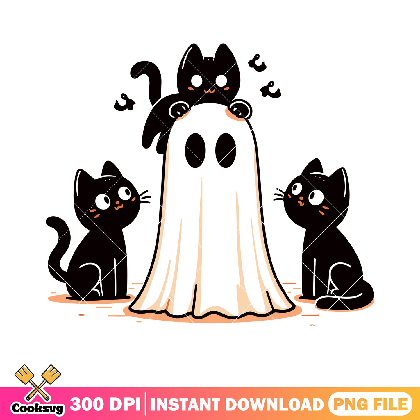 Three black cats png, ghost blanket png, spooky halloween png