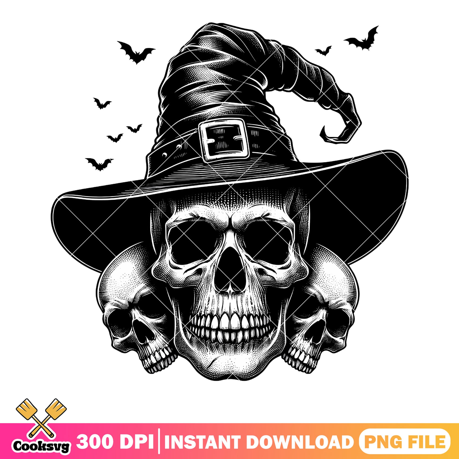 Three skull skeleton png, Witches hat png, halloween scary png