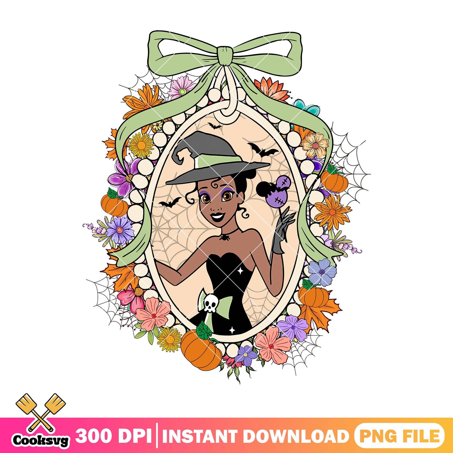 Tiana cosplay witch design png, tiana cute png, tiana halloween png