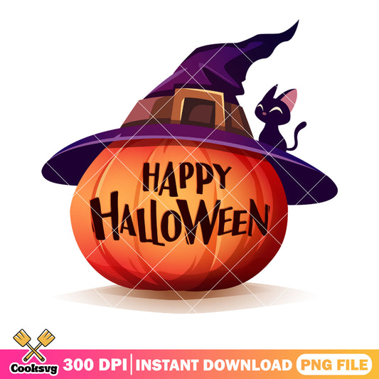 Tiny black cat in hat png, happy halloween png, halloween scary png