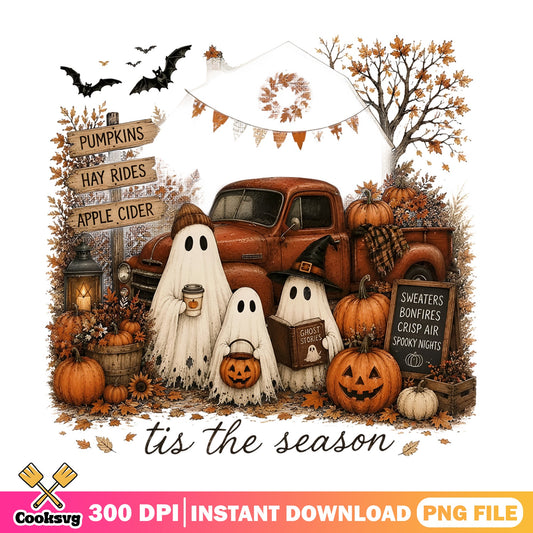 Tis The Season Halloween Ghost PNG, Fall Pumpkin Truck PNG, Spooky Season PNG