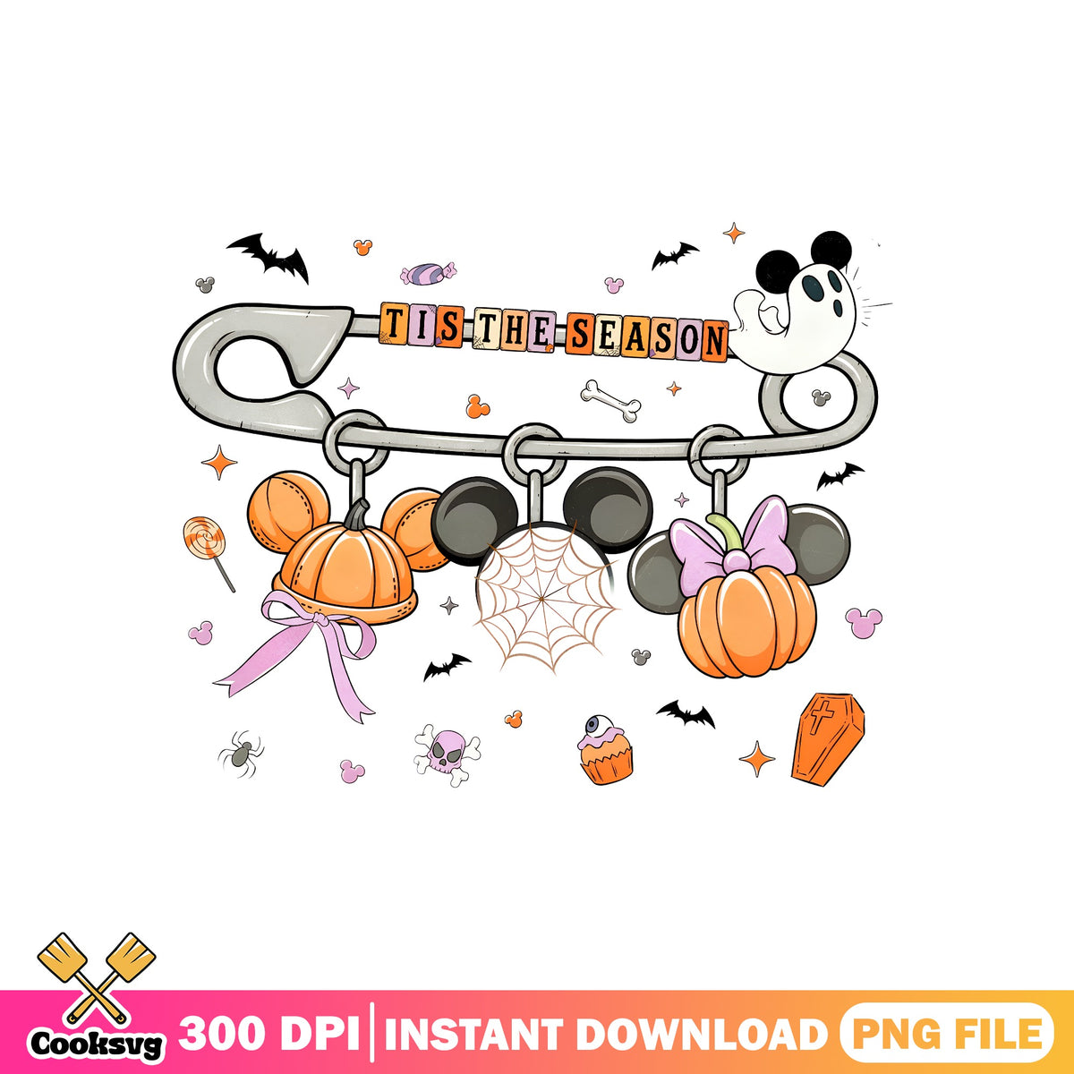 Tis the season pin png, Mickey pumpkin charm png, Disney halloween png