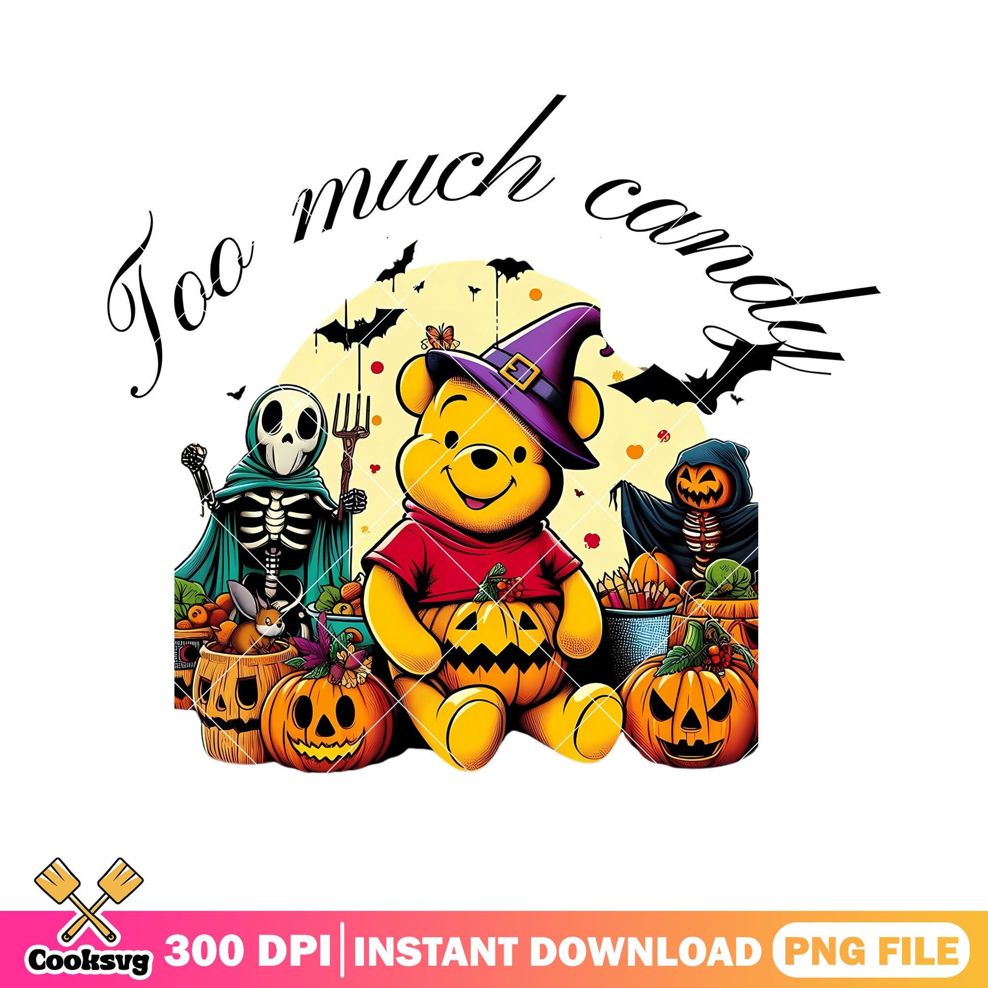 Too much candy pooh png, disney halloween png, scary pupmkin png