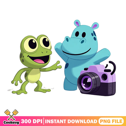 Tot And Hippo With Camera PNG, Cute Frog And Hippo Clipart, Kids PNG