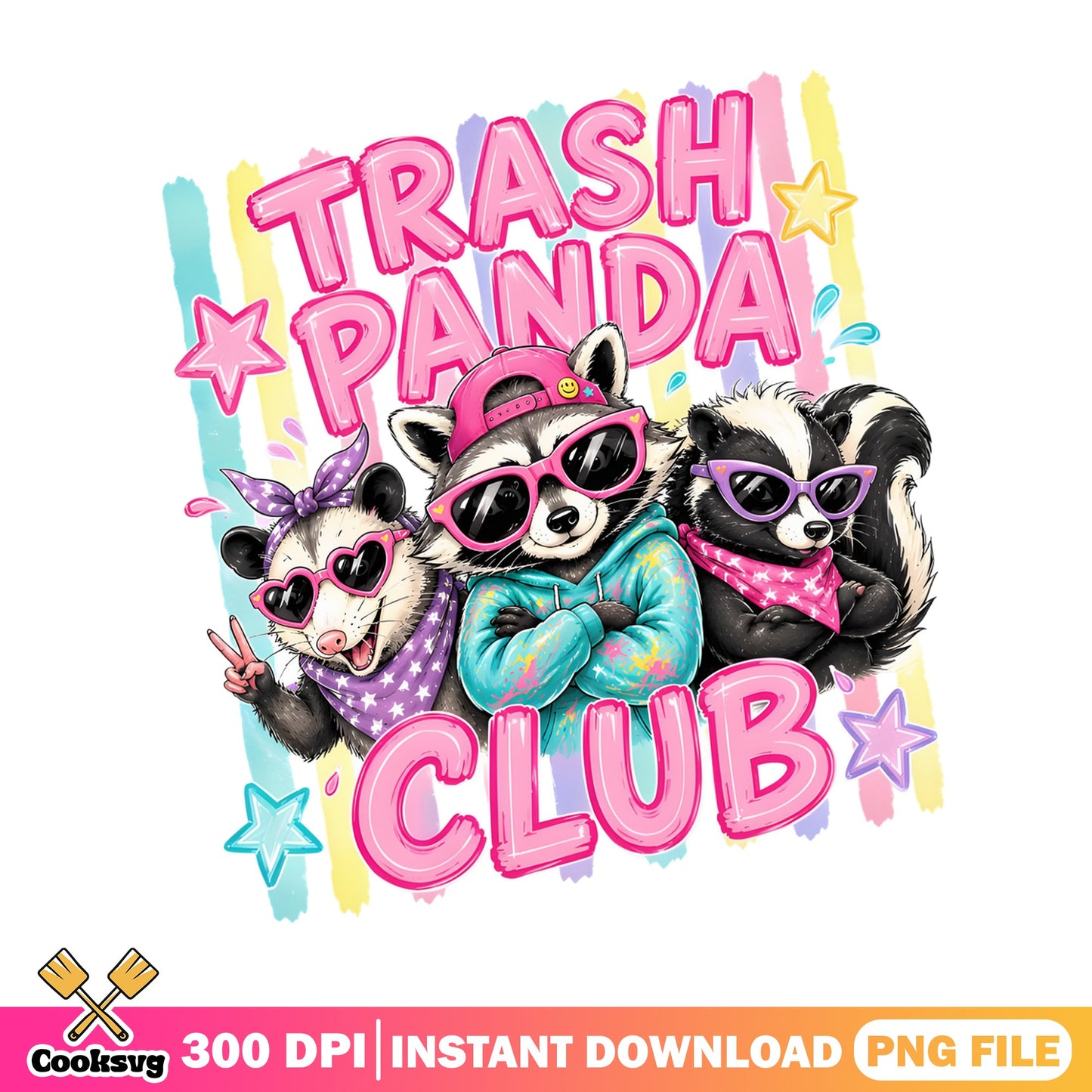 Trash Panda Club PNG, Funny Raccoon Skunk Opossum, Cute Animal PNG
