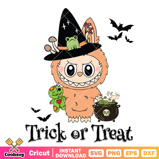 Trick or treat witch labubu svg design, labubu halloween svg