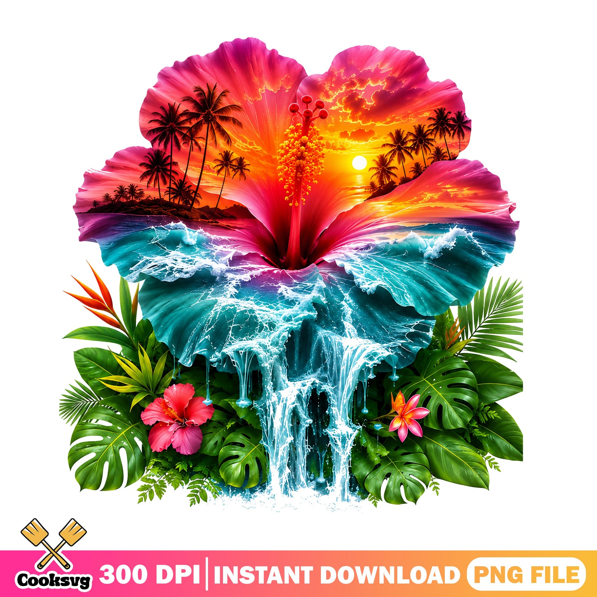 Tropical Hibiscus Sunset PNG, Hawaii Beach Waterfall, Summer PNG