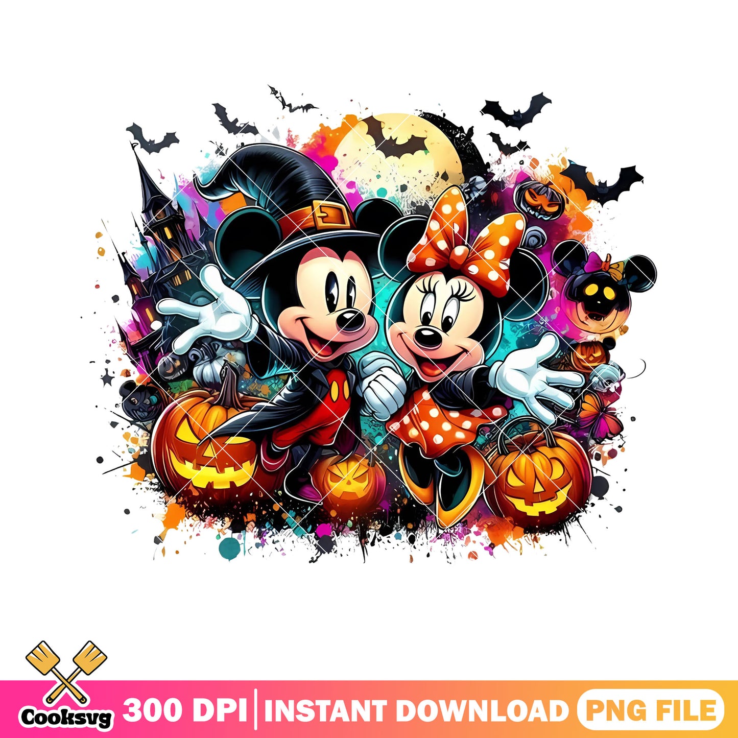 Two disney mouse witch png, disney halloween png, haunted castle png