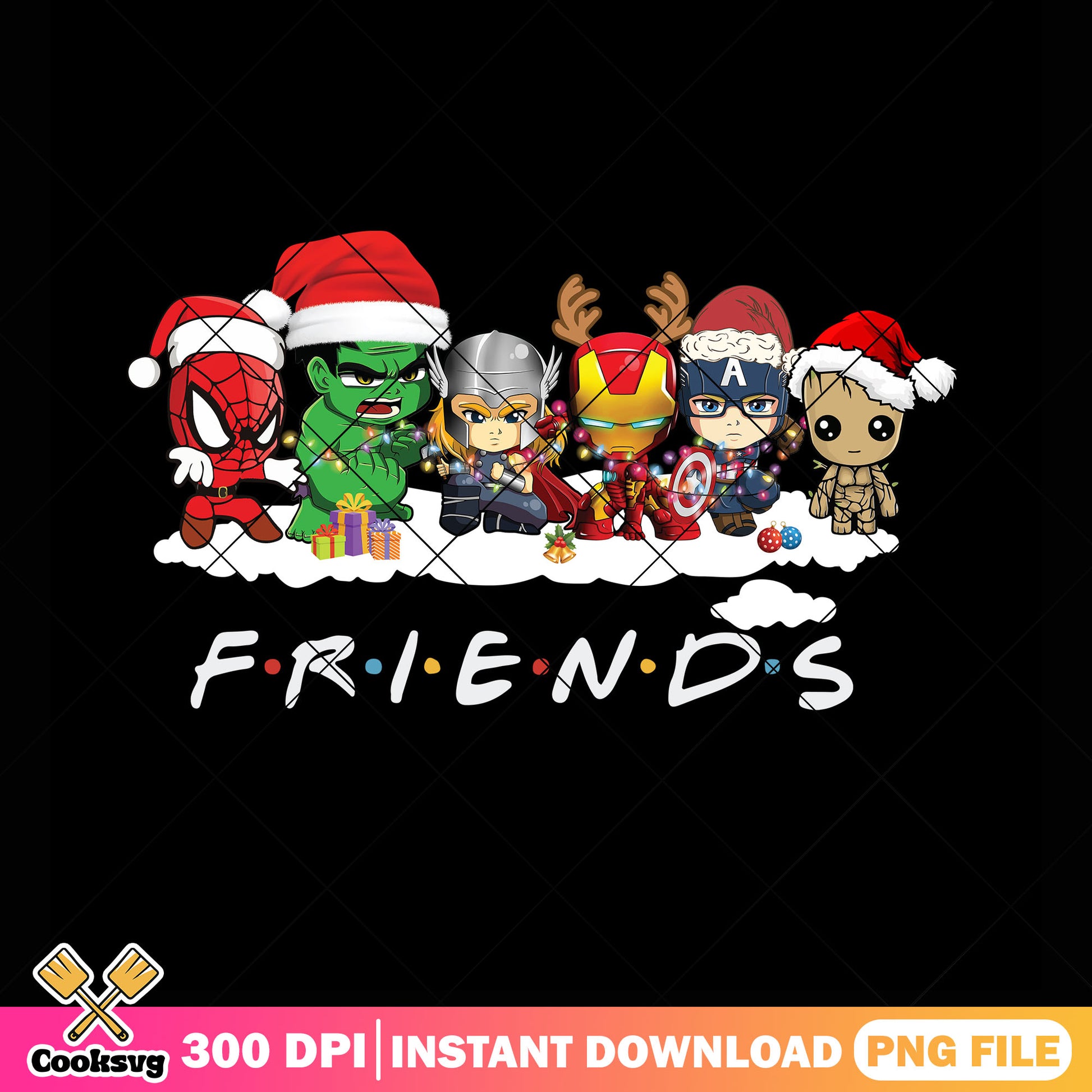 Ultimate superhero christmas squad png, christmas lights friends png