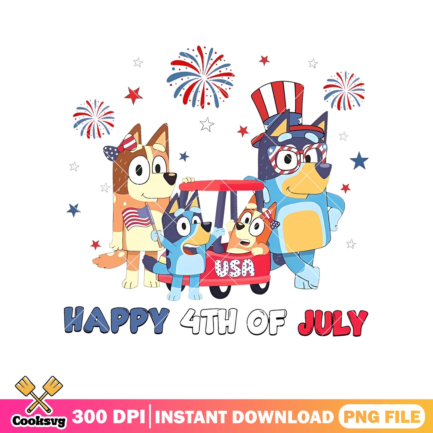 Usa happy 4th of july bluey family png, bluey ride on car​ png, bluey funny png