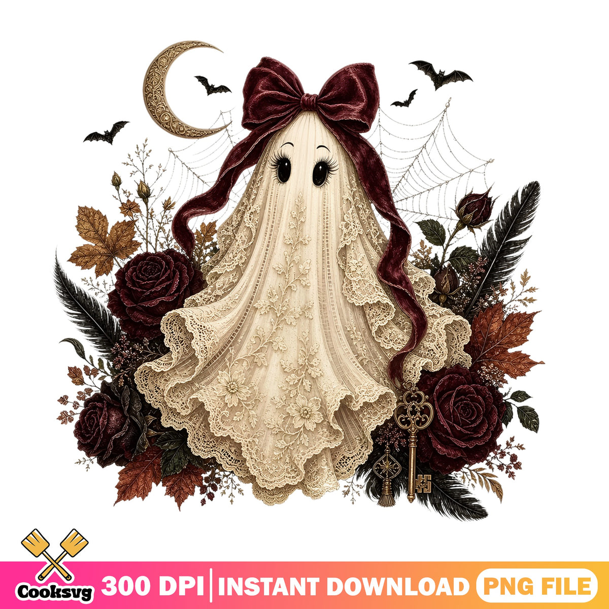 Vintage Ghost Bow Halloween PNG, Floral Ghost PNG, Cute Ghost PNG