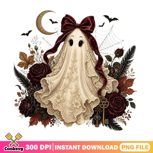 Vintage Ghost Bow Halloween PNG, Floral Ghost PNG, Cute Ghost PNG
