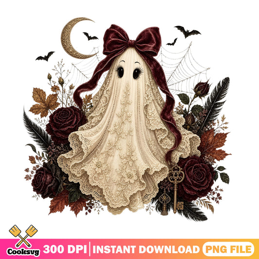 Vintage Ghost Bow Halloween PNG, Floral Ghost PNG, Cute Ghost PNG