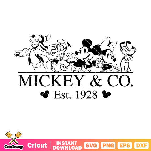Vintage mickey and co est 1928 outline svg, vintage mickey mouse​ svg
