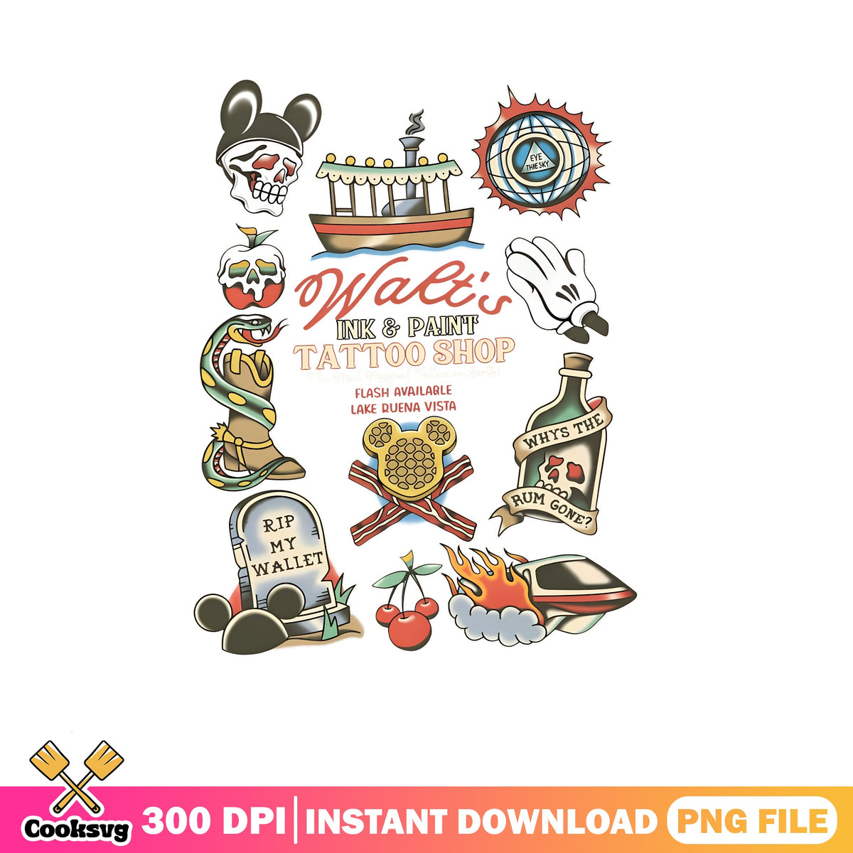 Walts ink paint tattoo png, flash sheet png, disney parks souvenir png