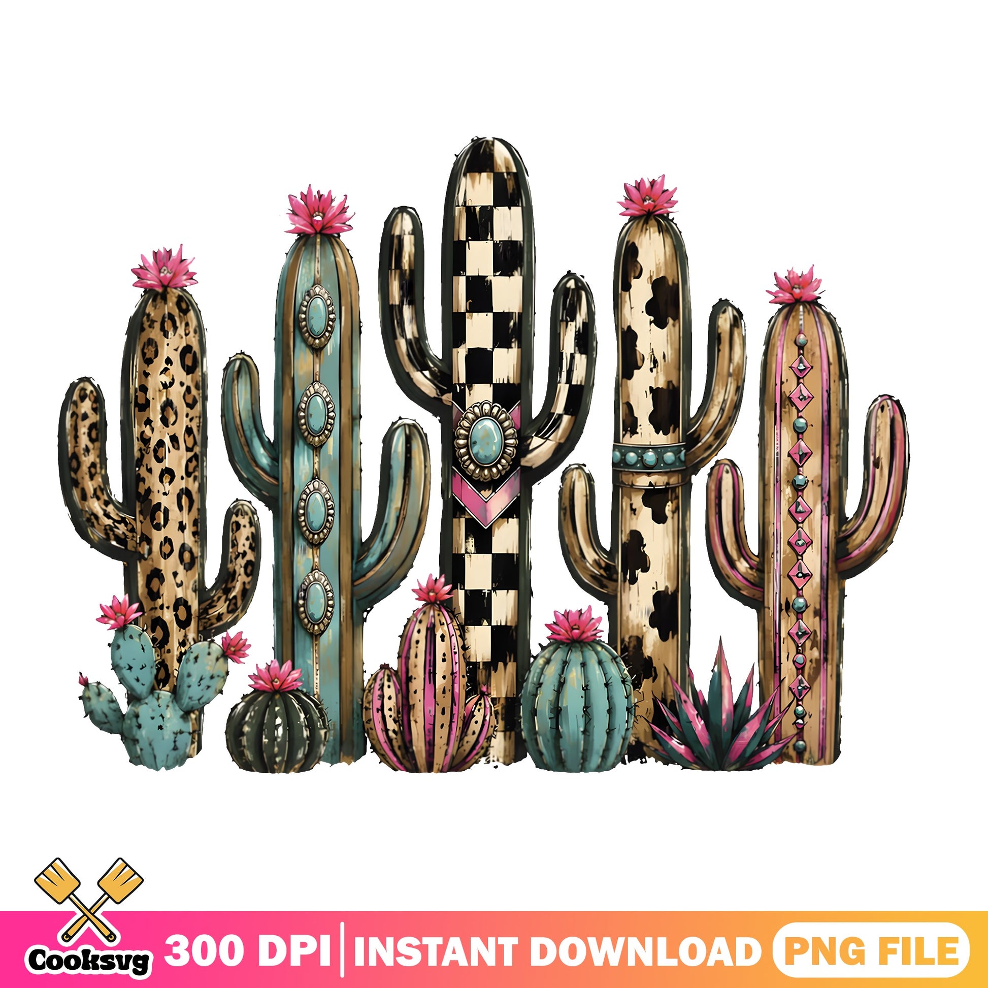 Western Boho Cactus Bundle PNG, Leopard Cow Print Cactus PNG, Desert PNG