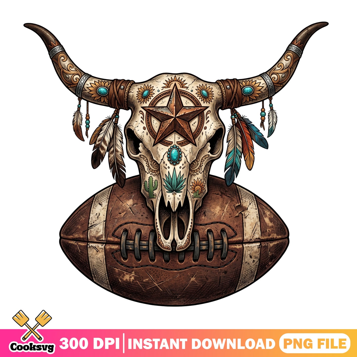 Western Bull Skull Football PNG, Boho Cow Skull PNG, Football PNG
