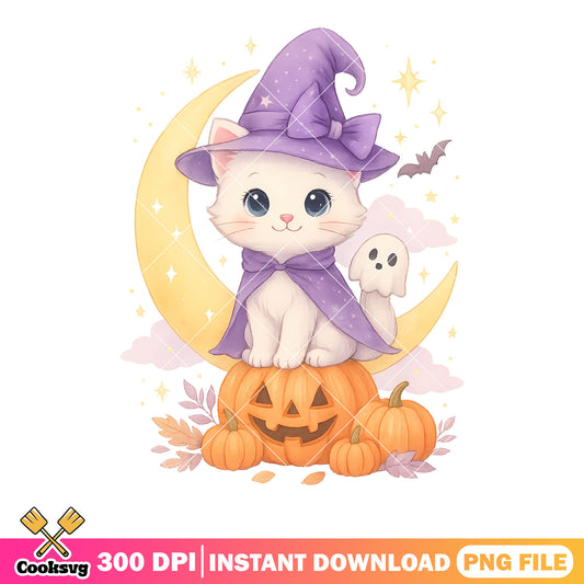 White baby cat with baby ghost png, witch hat png, scary halloween night png