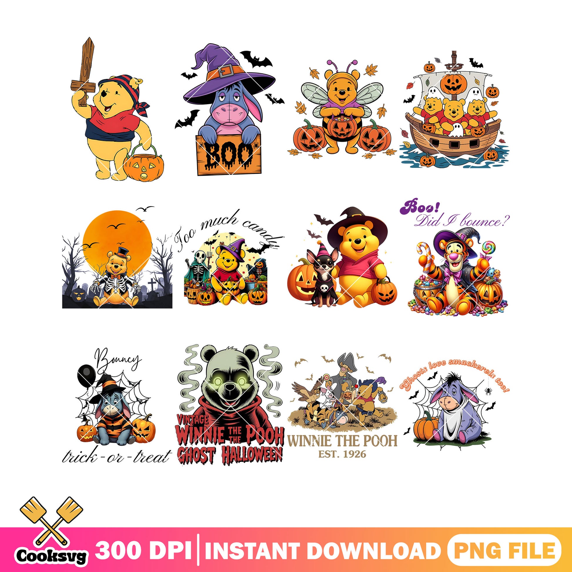 Winnie pooh ghost halloween png bundle, jack o lantern png, scary bat png