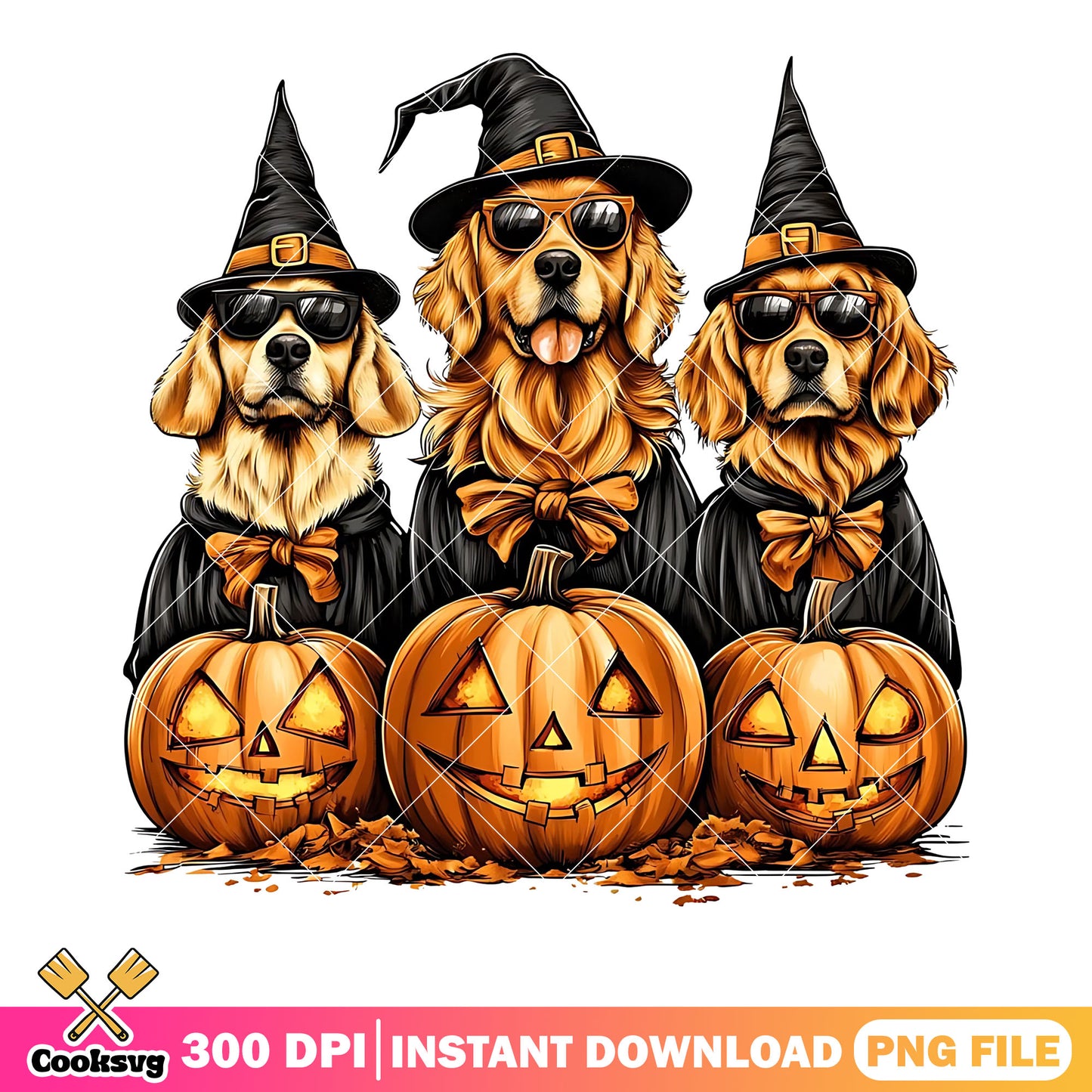 Witch Golden retriever png, wicker pumpkin png, scary halloween night png