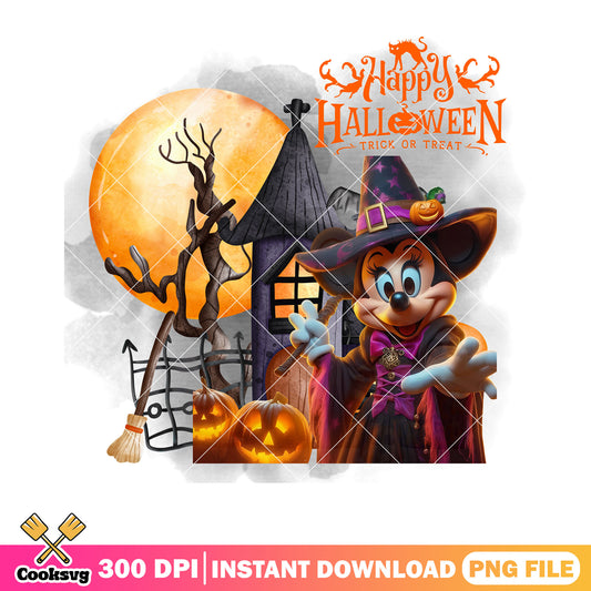Witch costume minnie png, wicker pumpkin png, full moon night png