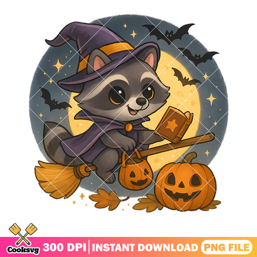 Witch racoon in the night png, wicker pumpkin png, scary halloween night png