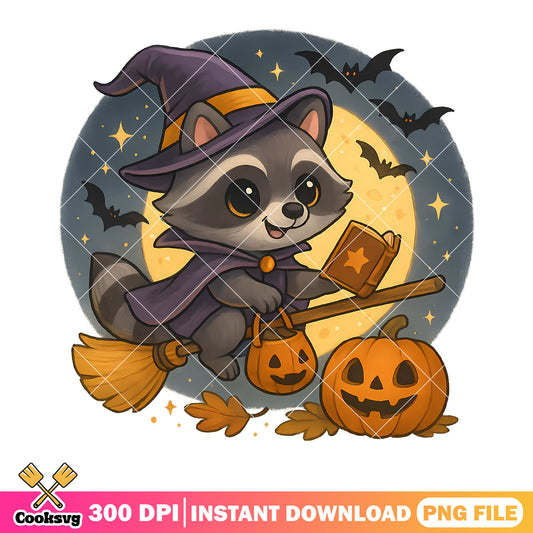 Witch racoon in the night png, wicker pumpkin png, scary halloween night png