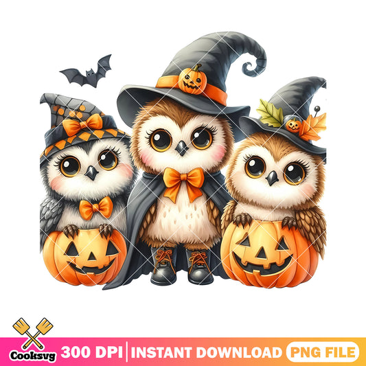 Witch the owl trio png, scary pumpkin png, crazy halloween night png