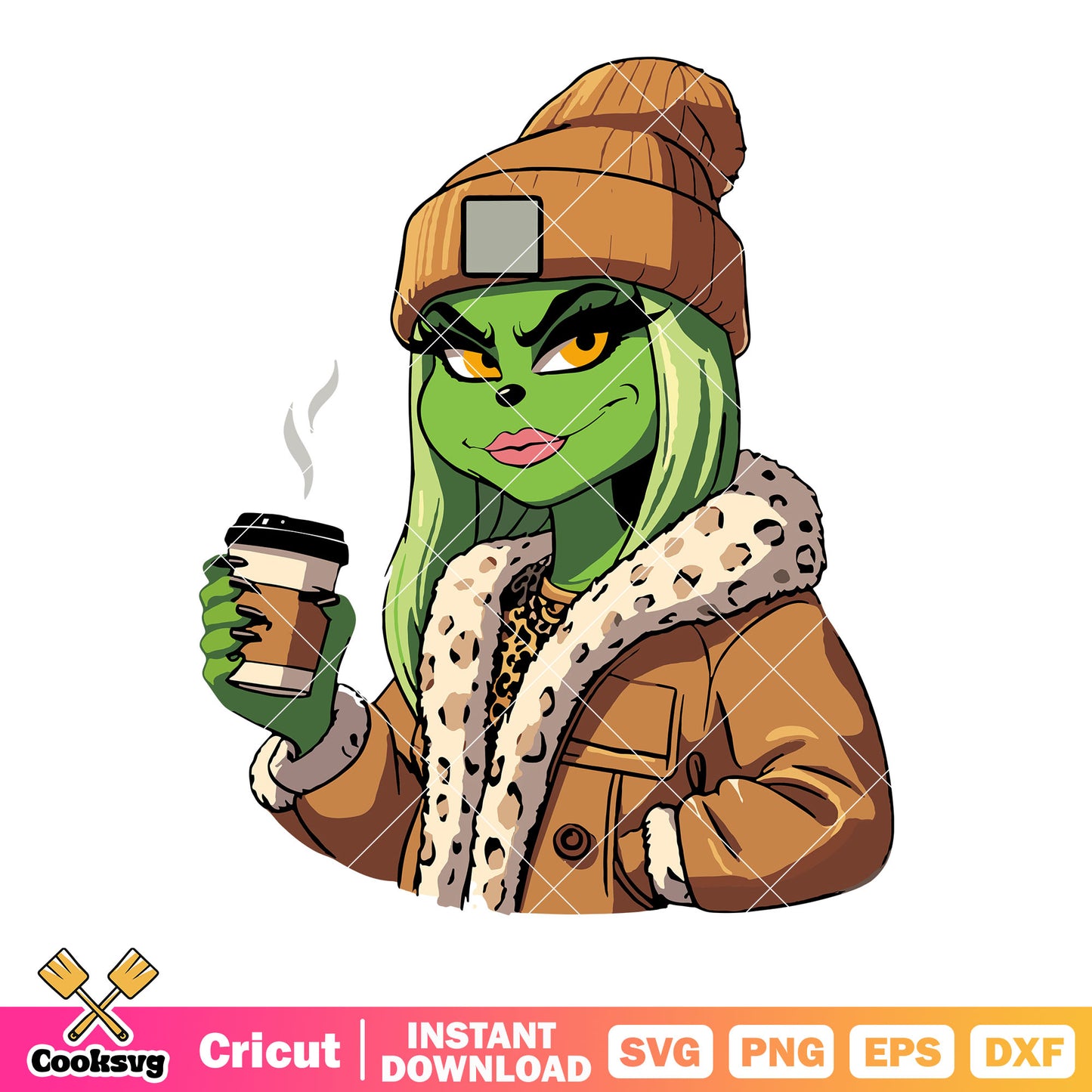 Women the grinch svg, hot chocolate svg, leopard fur jacket​ svg