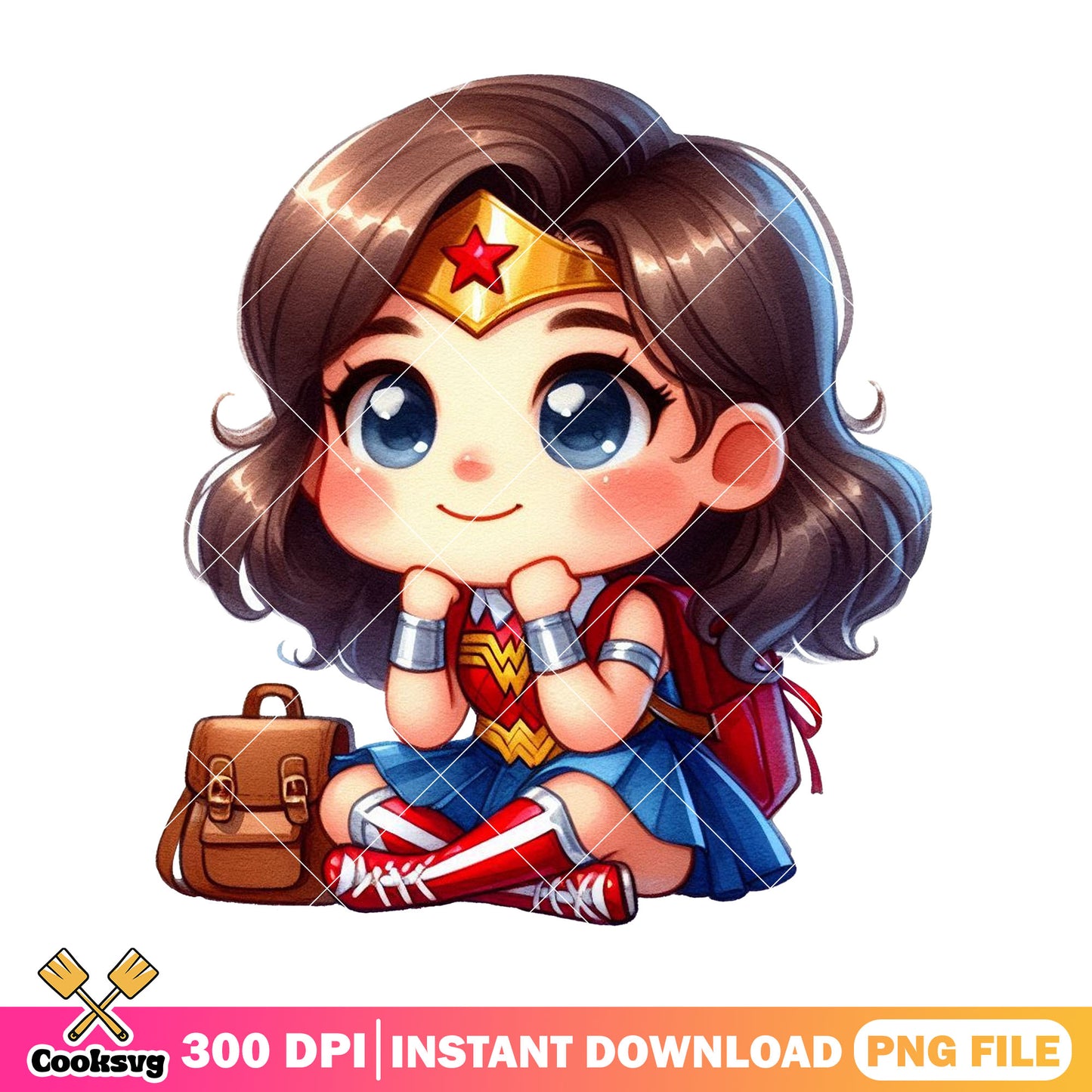 Wonder woman sitting png, back to school outfit png, wonder woman cute png