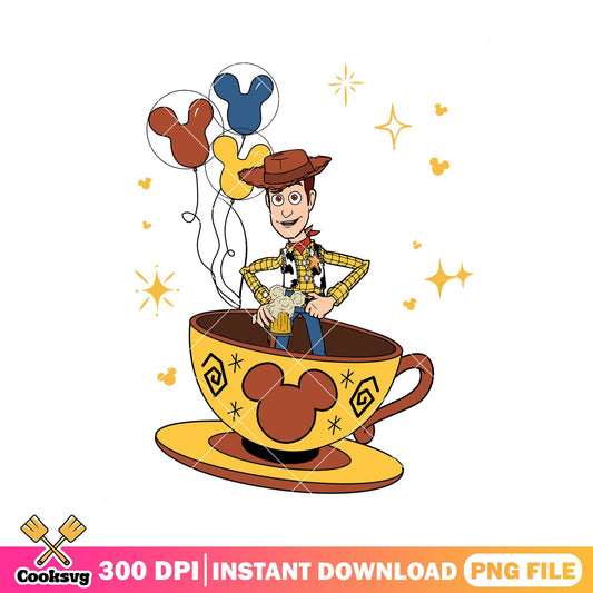 Woody head cup of tea png, woody toy story png, disney world png
