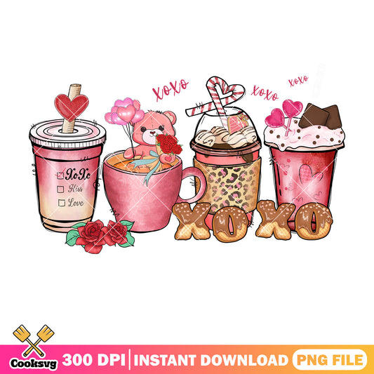 Xoxo coffee pink valentine png, xoxo valentine png, pink valentine png