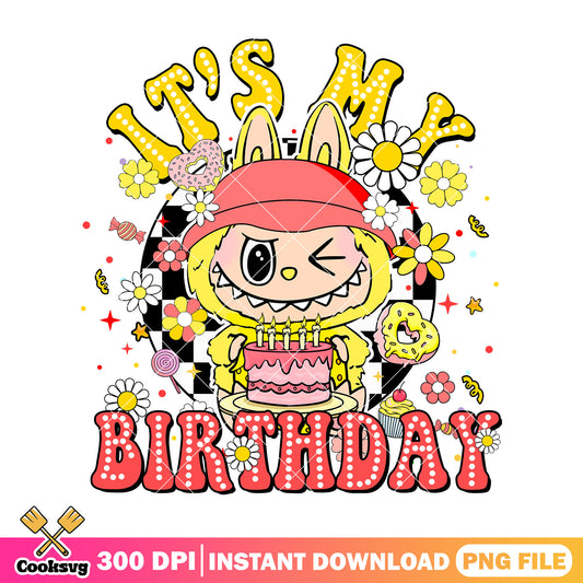 Yellow labubu birthday png, happy labubu png, labuubuu​ png