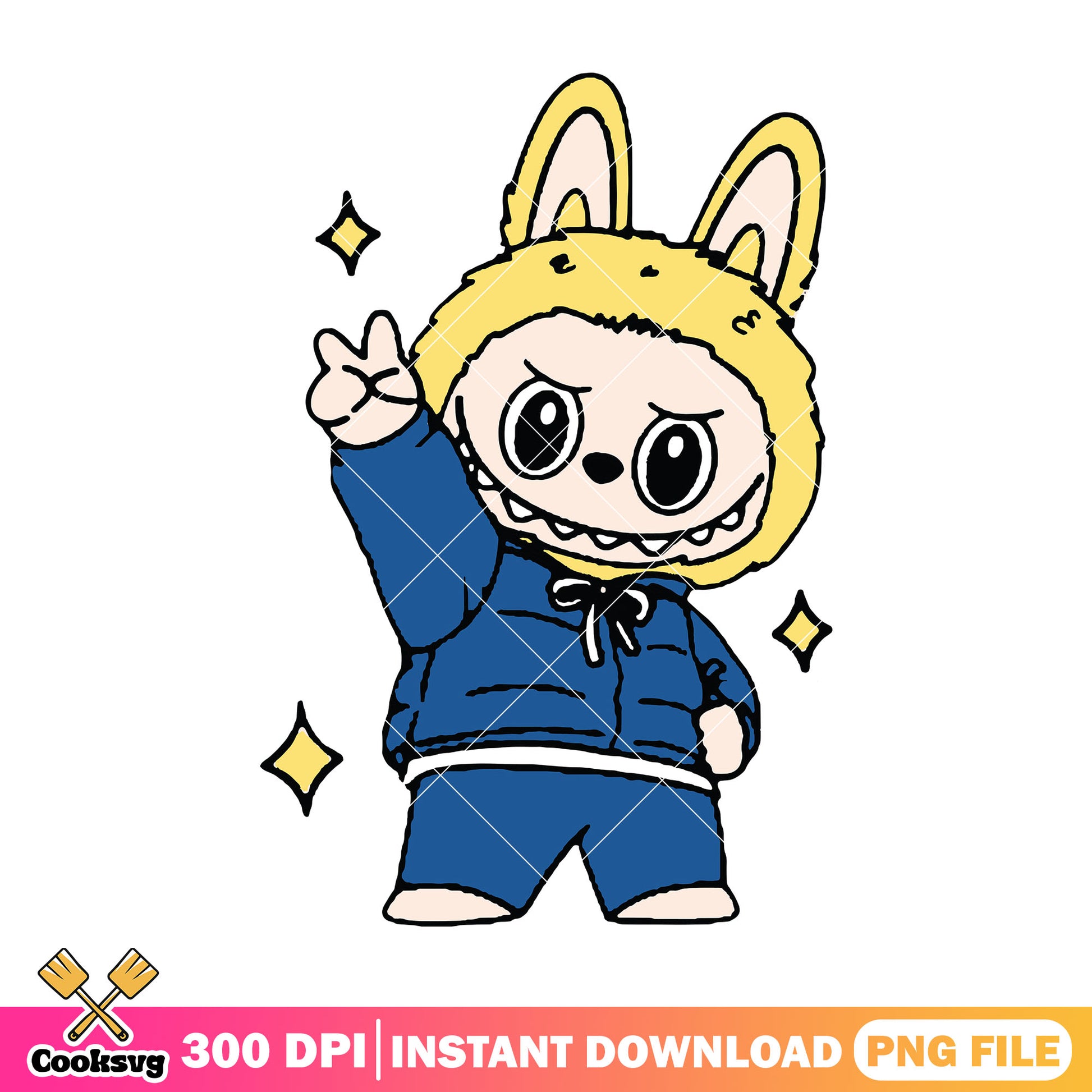 Yellow labubu blue outfit png, labubu plush png, labubu standing png
