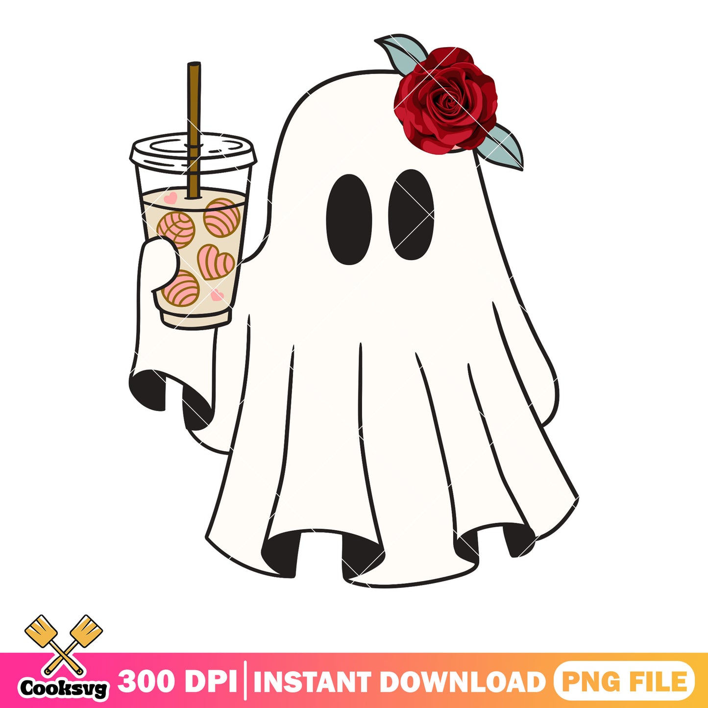 Young women ghost bubble tea png, rose flower png, halloween scary png