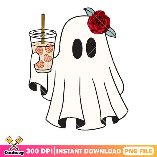 Young women ghost bubble tea png, rose flower png, halloween scary png
