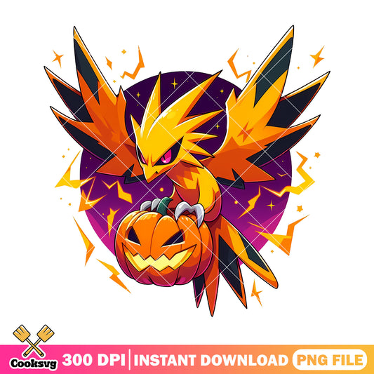 Zapdos spooky pumpkin png, halloween spirit png, pokemon movie png