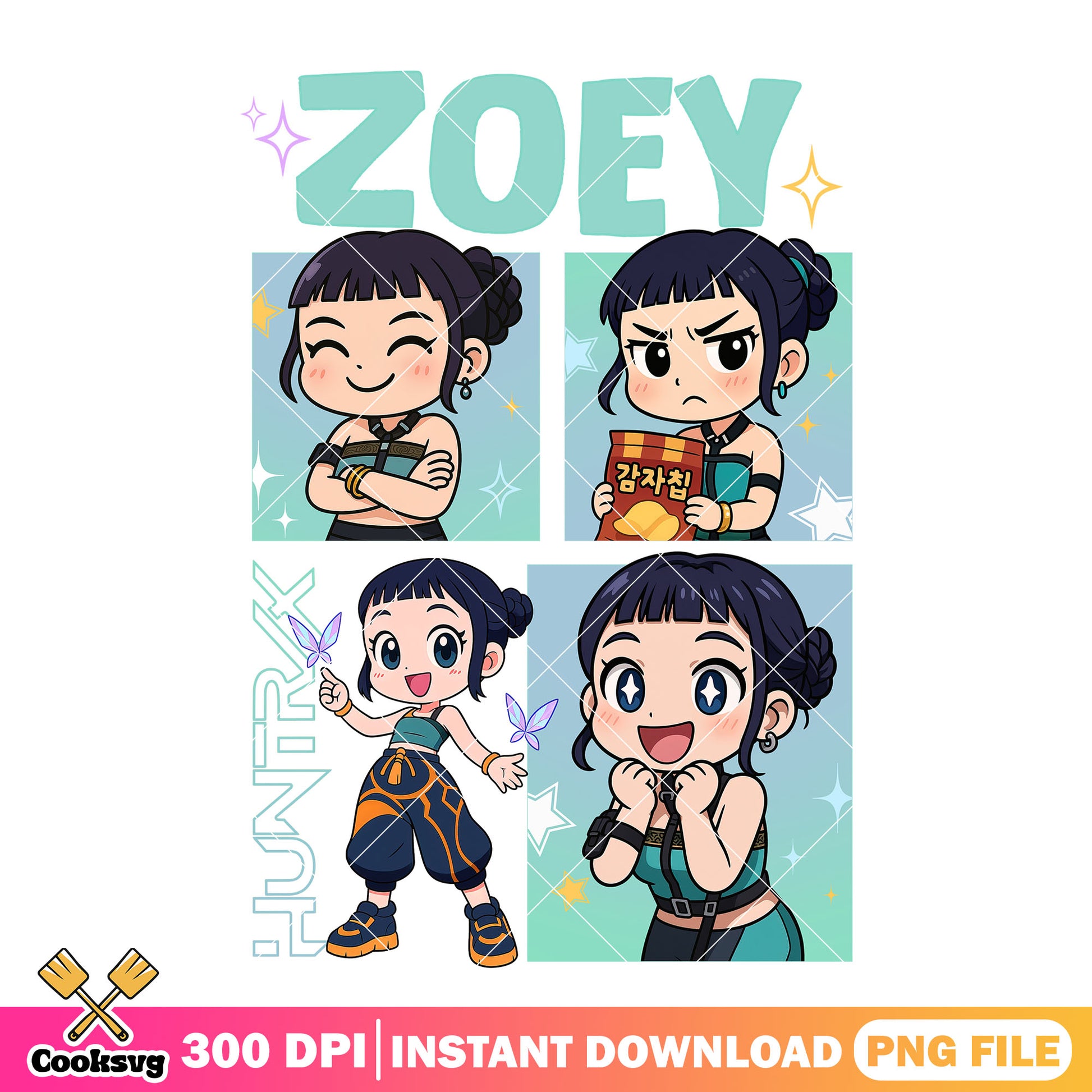 Zoey chibi emotions png, zoey kpop png, kpop demon hunters png