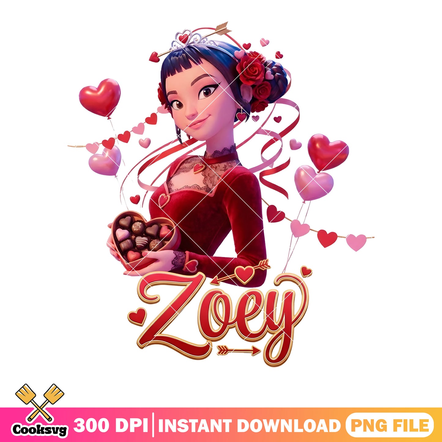 Zoey with valentines chocolate png, kpop demon hunter png, zoey huntrix png
