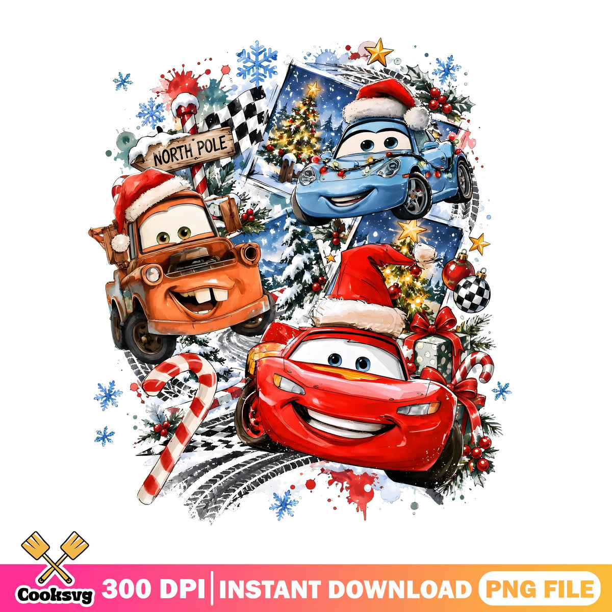 Cars Christmas Squad PNG, Lightning McQueen Santa PNG, Mater Sally PNG