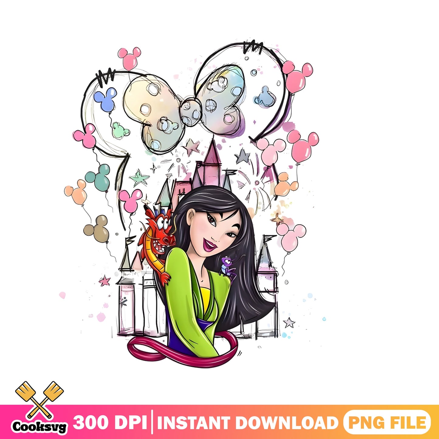 Mulan Disney Princess PNG, Disney Castle Balloon PNG, Disney PNG