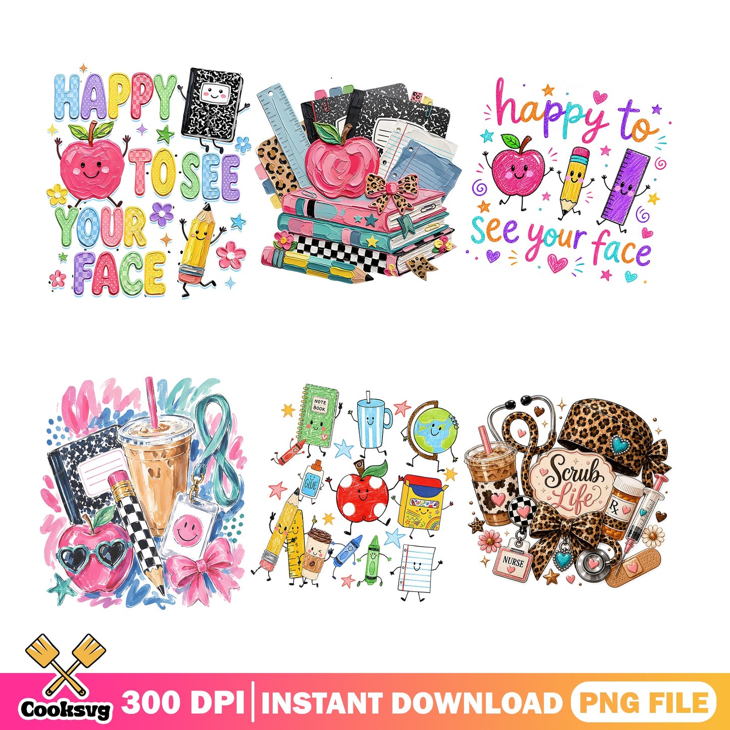 Back To School PNG Bundle, Teacher Happy To See Your Face PNG, Scrub Life PNG